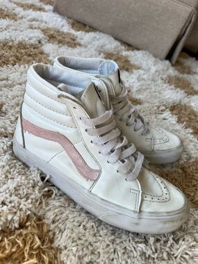 Vans Women's White Leather High-Top Sneakers with Pink Side Stripe